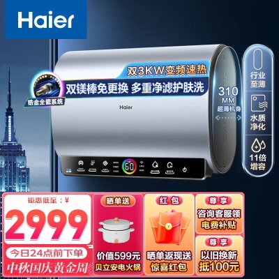 海尔（Haier）电热水器储水式扁桶机纤薄双胆变频速热一级能效双镁棒免更换家用卫生间a2a2