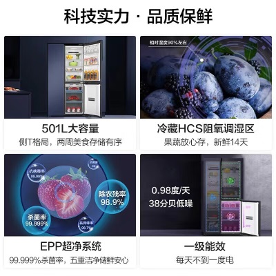 海尔（Haier）冰箱对开三开门T型501升家用冰箱一级能效风冷无霜鲜派系列变温区大容量超薄冰箱 BCD-501WLHTS79B9U1a2