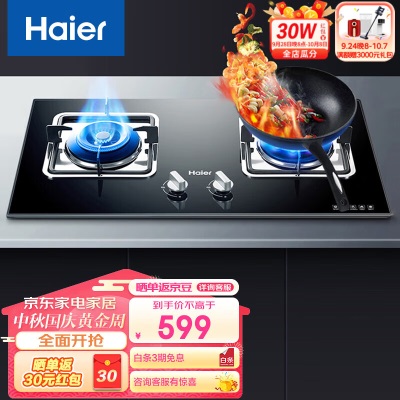 海尔（Haier）燃气灶大火力 双一级能效 聚能直喷火台嵌两用 双灶 童锁保护 家用节能瞬燃点火a2