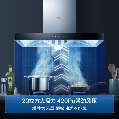 海尔（Haier）抽油烟机顶吸21立方大吸力420pa大风压免拆自清洁挥手智控欧式家用油烟机灶具套装a2