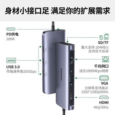 绿联 Type-C扩展坞USB-C转HDMI+千兆网口拓展坞分线器雷电3转接头转换器多功能九合一款  通用苹果MacBook华为笔记本ipad-深空灰a22gg