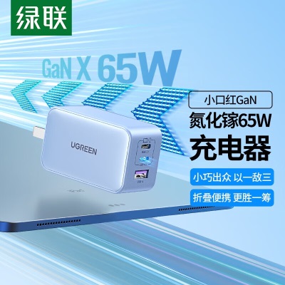 绿联 小口红氮化镓充电器 PD65W双Type-C多口快充头 适用苹果15/14华为荣耀手机iPad平板笔记本电脑a22gg