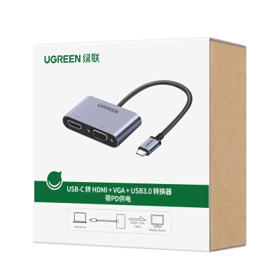 绿联Type-C转HDMI+VGA转接头数据线USB-C扩展坞适用苹果电脑华为P30转换器拓展坞 PD充电款 深空灰a22gg