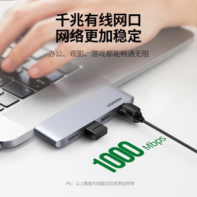 绿联（UGREEN） Type-C扩展坞雷电3转换器HDMI转接头拓展坞通用macbook笔记本电脑 直插款【HDMI+千兆网口+USB3.0*2】a22gg