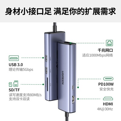 绿联（UGREEN） Type-C扩展坞USB-C转千兆网口网线/HDMI拓展坞转换器3.0分线器a22gg