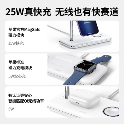 绿联MFi认证苹果三合一无线充电器MagSafe磁吸快充 适用iPhone14Apple Watch8/7手表耳机 MagSafe三合一无线充-配快充套装a22gg