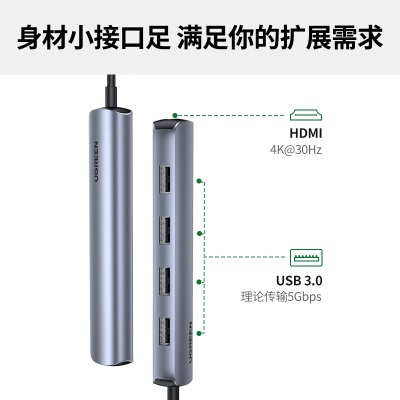 绿联 Type-C扩展坞USB-C转HDMI雷电3转换器分线器拓展坞适用苹果Mac华为笔记本ipad 5合1【HDMI+USB3.0*4】a22gg