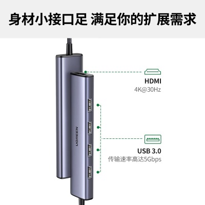 绿联 Type-C扩展坞USB-C转HDMI拓展坞3.0分线器适用苹果Mac华为笔记本iPad平板 【USB3.0*4+HDMI】五合一转换器编织线款a22gg