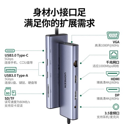 绿联 Type-C扩展坞USB-C转DP雷电拓展坞转换器千兆网口转接头分线器音频通用苹果电脑 【十合一 多接口扩展】a22gg