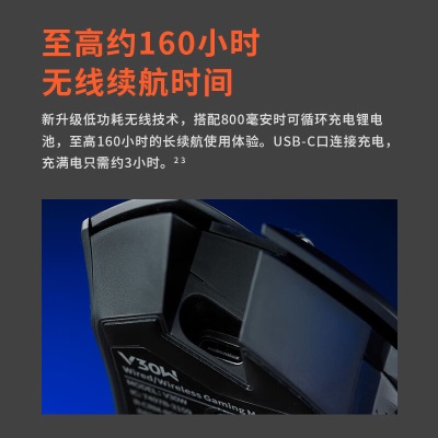 雷柏（Rapoo） V30W 无线游戏鼠标 双模有线充电鼠标 10个可编程按键 RGB背光 原相3335游戏引擎a28