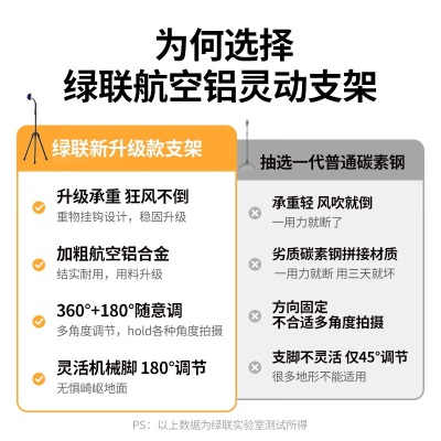 绿联 手机支架懒人支撑万能通用三脚架直播网课学习户外落地拍照拍摄多功能便携伸缩旋转可折叠三角支架a22gg