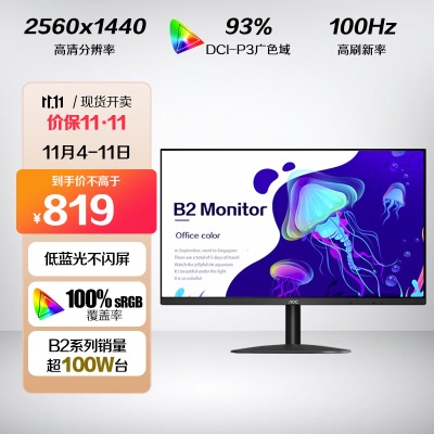 AOC 23.8英寸 AH-IPS广色域 100Hz HDRMode 低蓝光不闪 三边微边超薄机身 节能办公电脑显示器a29