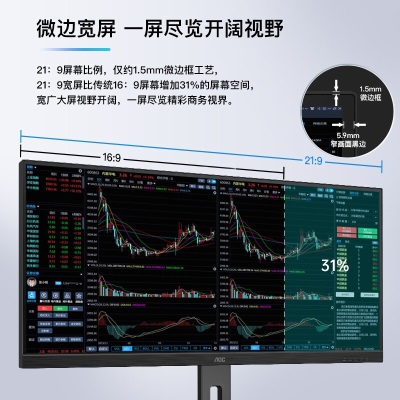 AOC 34英寸 WFHD 21:9带鱼屏 IPS技术 123%sRGB色域 Type-C 65W反向充电 家用办公电脑显示器a29