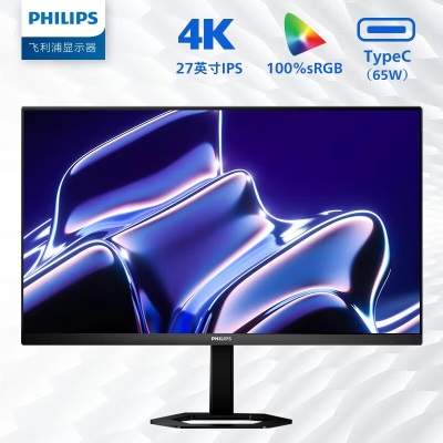 飞利浦 27英寸 4K IPS 10bit 出厂校准 TypeC65W 低蓝光 智能分屏旋转升降 办公显示器a36