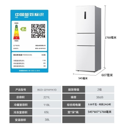 海信（Hisense）小冰箱小型家用 三开门白色电冰箱 221升 净味低音节能省电 风冷无霜 小户型租房用BCD-221WYK1Da50