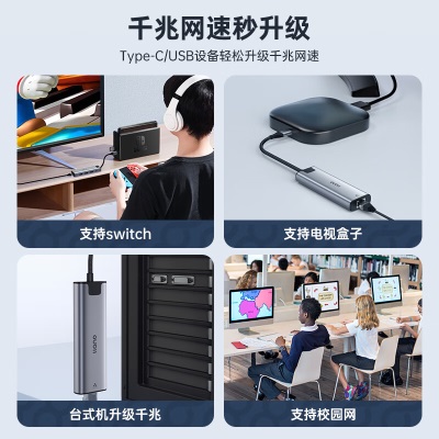 绿巨能 Type-C/USB3.0转千兆网口扩展坞有线网卡a60